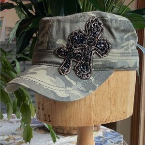 Camouflage Ladies Cap with Beaded Cross Accent NWOT